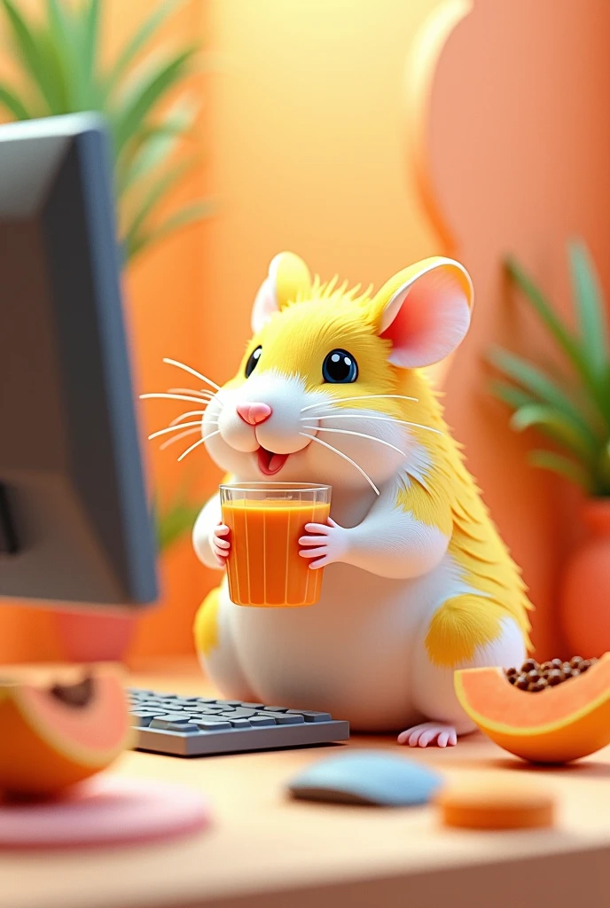 a white and yellow hamster, sitting in front of a computer, with a papaya smoothie, masterpiece, all in three dimensional paper art、(Almond Shapes);1.9、(Three-dimensional paper-cut art.、colorful):1.9