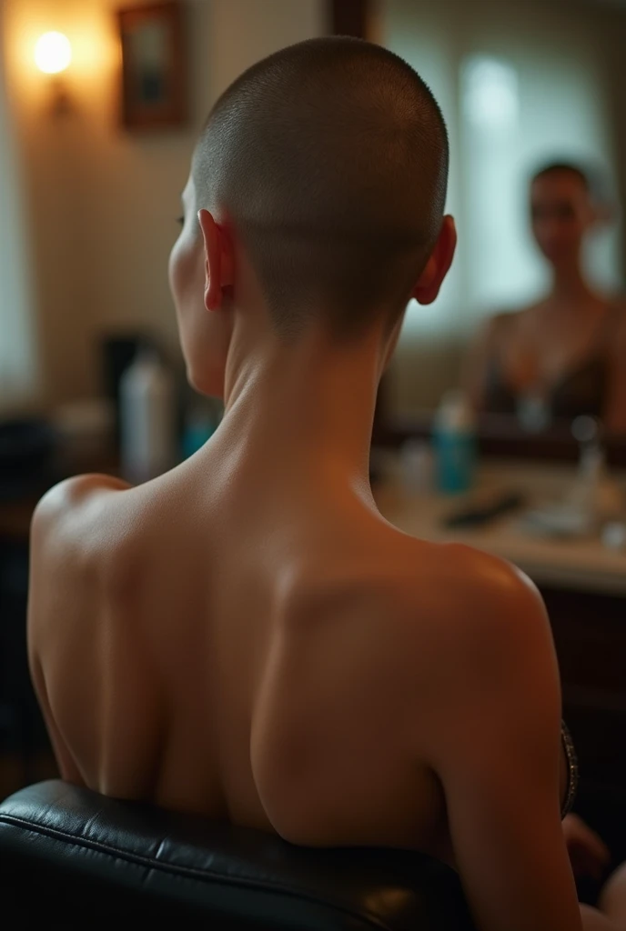 Beautiful woman 50 years old, nue, submitted, shaved head leaning forward, sitting in a barber chair, vue de dos, zoom on the neck