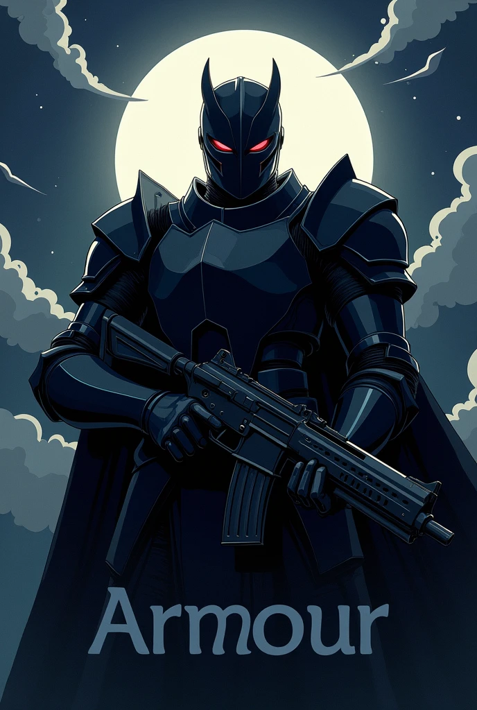 A Knight in a scary black armour and holding gun and looking at front and in background night sky moon in anime version logo with name of "ARMOUR" in armour for wattsapp dp