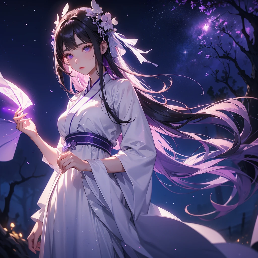 A beautiful female in white hanfu dress , Standing in the middle of Background is a dark moonless night, with dry trees in the background, and purple glowing light , close up.