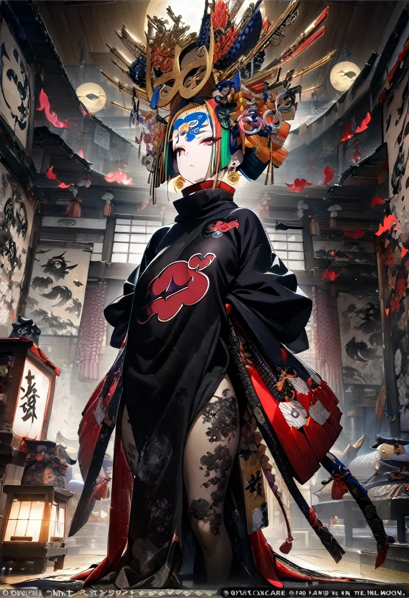 Ink painting, (((1 girl))), (((Tattoo in the middle of the forehead))),(((In the background is the Akatsuki moon))), (((Oiran))), (((Japanese Hanafuda Card Earrings))), (((Great hair accessories))) Demon possession, ((Masterpiece:1.2)), ((Highest quality)), (((All body is neatly covered))), (Masterpiece, Top quality, Best quality, Official art, Beautiful and aesthetic:1.2), All body is neatly covered, (1girl), Very detailed,(Fractal art:1.3),Colorful,Top detailed