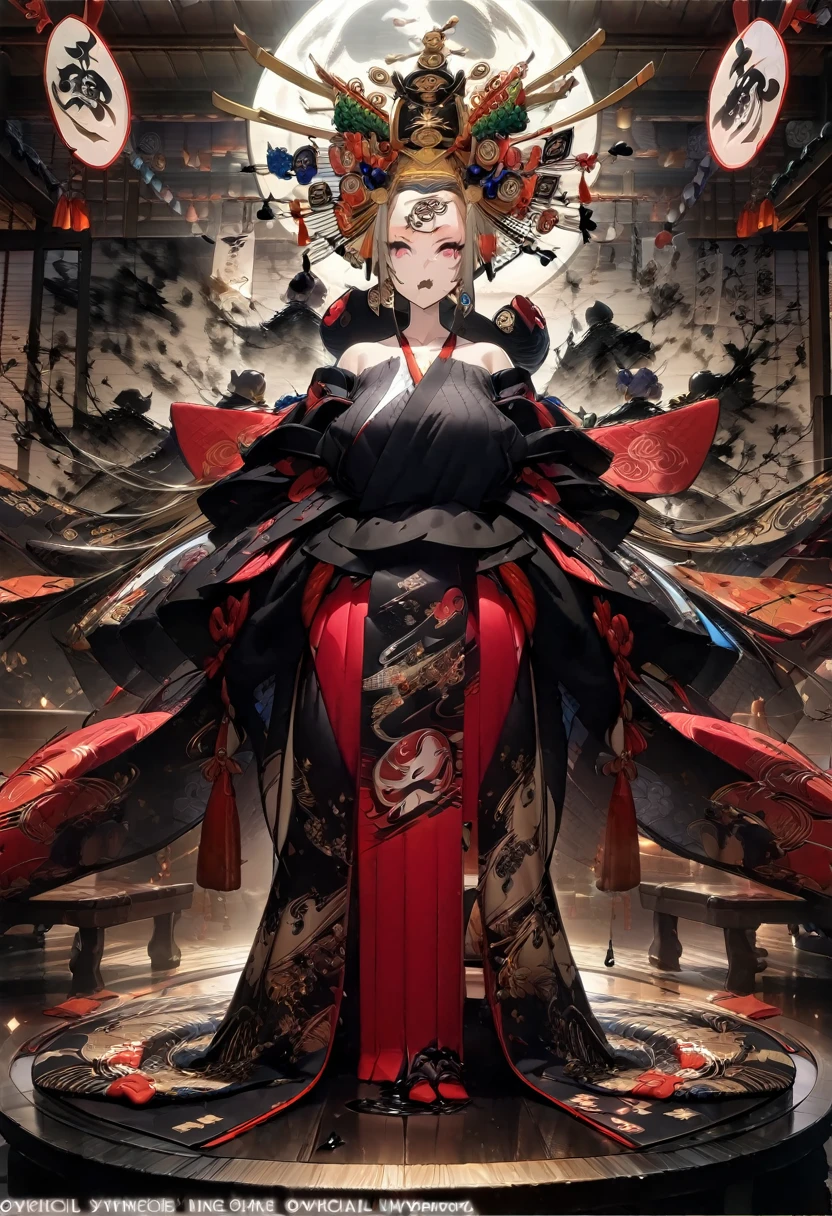 Ink painting, (((1 girl))), (((Tattoo in the middle of the forehead))),(((In the background is the Akatsuki moon))), (((Oiran))), (((Japanese Hanafuda Card Earrings))), (((Great hair accessories))) Demon possession, ((Masterpiece:1.2)), ((Highest quality)), (((All body is neatly covered))), (Masterpiece, Top quality, Best quality, Official art, Beautiful and aesthetic:1.2), All body is neatly covered, (1girl), Very detailed,(Fractal art:1.3),Colorful,Top detailed