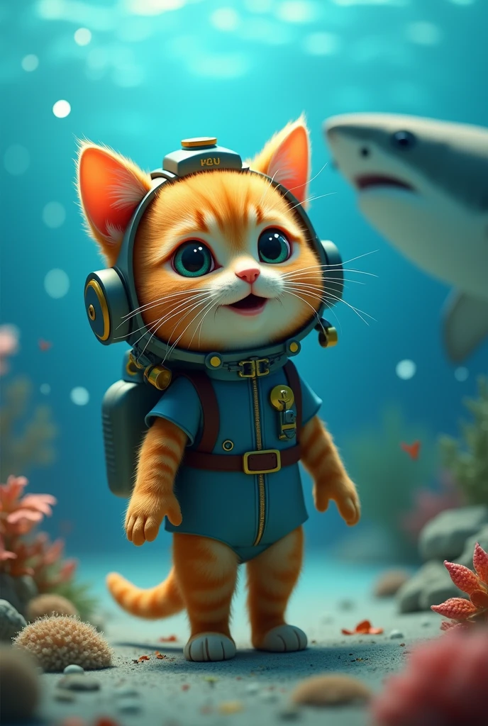 Cute close-up of a diving orange cat., in the sea, complicated details, ((Diving cat)) ,Two-legged standing,under the sea, Standing on two legs,Intention,Diving suit,Cat in diving suit,shark,Blue dress,