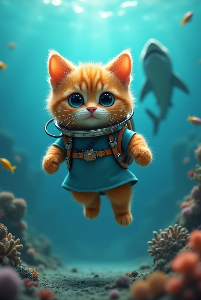 Cute close-up of a diving orange cat., in the sea, complicated details, ((Diving cat)) ,Two-legged standing,under the sea, Standing on two legs,Intention,Diving suit,Cat in diving suit,shark,Blue dress,