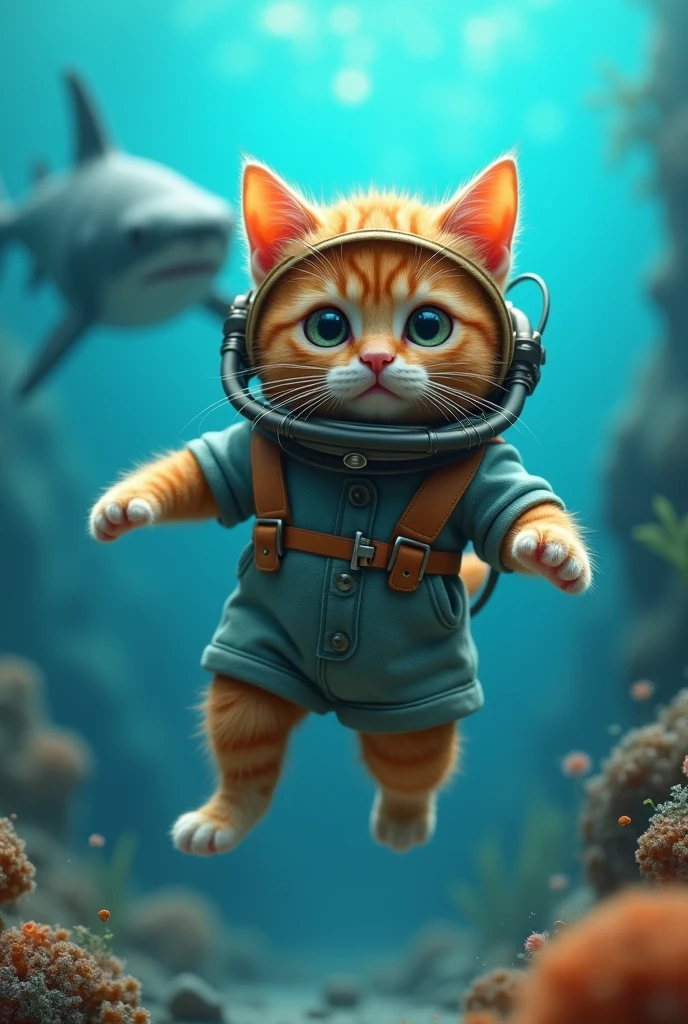 Cute close-up of a diving orange cat., in the sea, complicated details, ((Diving cat)) ,Two-legged standing,under the sea, Standing on two legs,Intention,Diving suit,Cat in diving suit,shark,Blue dress,