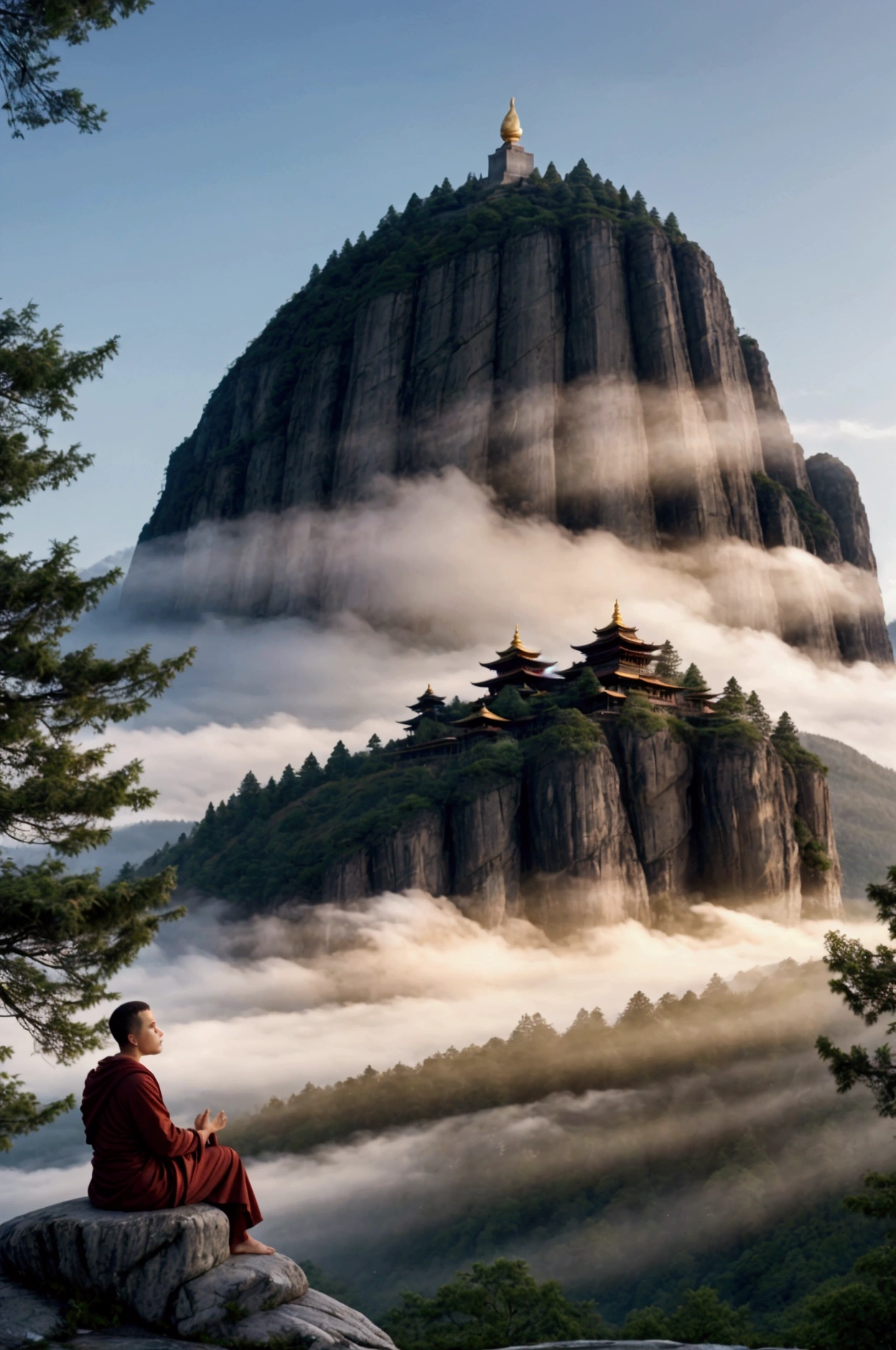 A young man, middle-aged, on top of a majestic mountain, wrapped in an atmosphere of tranquility and mysticism. The Buddhist monastery, simple but imposing, appears silent in the background, Surrounded by a serene garden and tall trees. Disease, sitting in the center, meditate in peace, with an expression of deep understanding on his face. The golden light of dawn illuminates the scene, symbolizing the enlightenment he has finally found. The sky is clear, with the top of the mountain still shrouded in a light mist, representing the mystery that he has revealed within himself.
