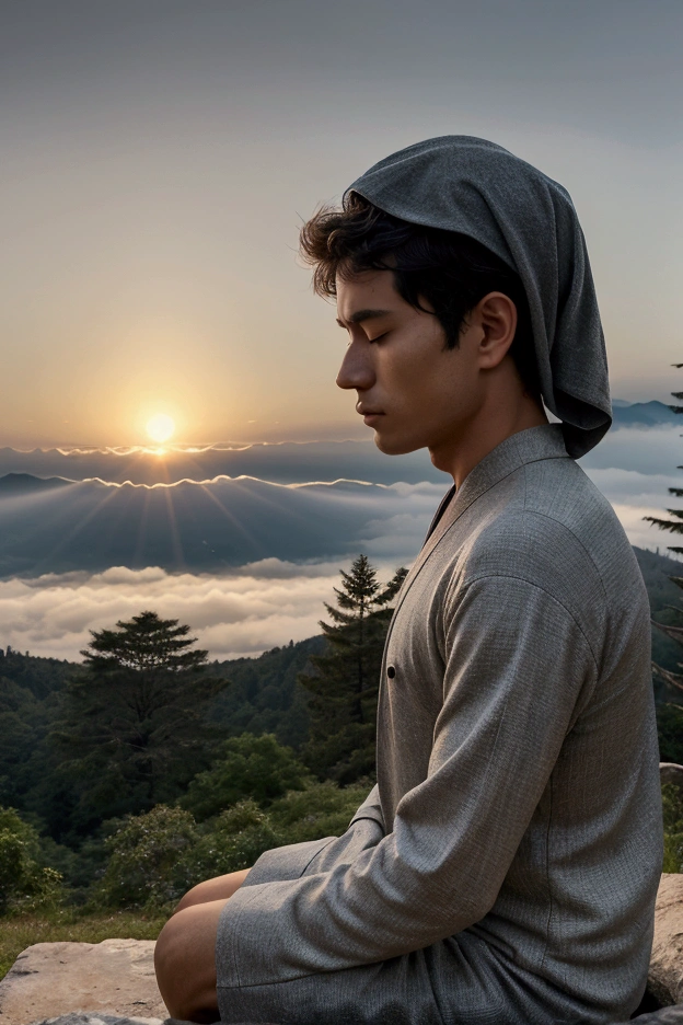 A young man, middle-aged, on top of a majestic mountain, wrapped in an atmosphere of tranquility and mysticism. The Buddhist monastery, simple but imposing, appears silent in the background, Surrounded by a serene garden and tall trees. Disease, sitting in the center, meditate in peace, with an expression of deep understanding on his face. The golden light of dawn illuminates the scene, symbolizing the enlightenment he has finally found. The sky is clear, with the top of the mountain still shrouded in a light mist, representing the mystery that he has revealed within himself.