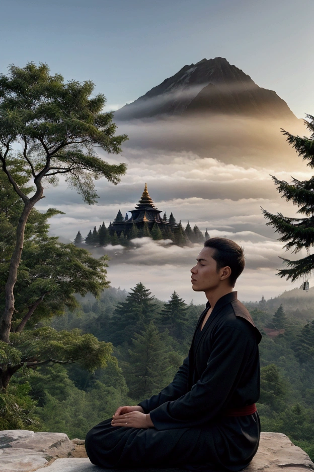 A young man, middle-aged, on top of a majestic mountain, wrapped in an atmosphere of tranquility and mysticism. The Buddhist monastery, simple but imposing, appears silent in the background, Surrounded by a serene garden and tall trees. Disease, sitting in the center, meditate in peace, with an expression of deep understanding on his face. The golden light of dawn illuminates the scene, symbolizing the enlightenment he has finally found. The sky is clear, with the top of the mountain still shrouded in a light mist, representing the mystery that he has revealed within himself.