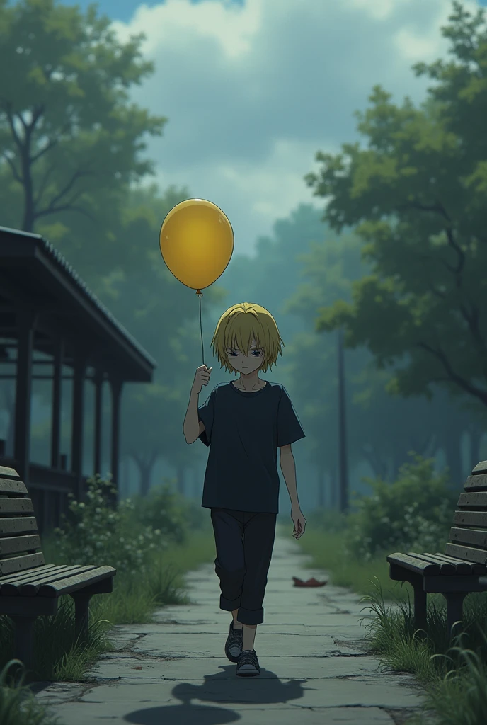 Kagamine Len with dark circles and a black shirt walking in an abandoned park and holding a yellow balloon, with a cloudy weather