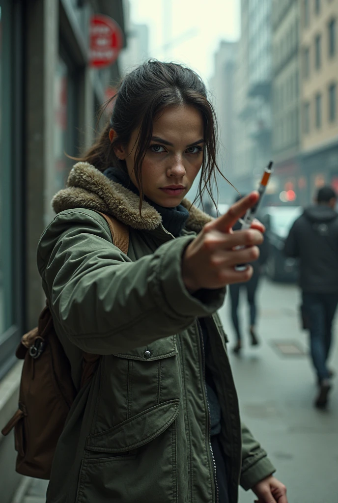 Woman in jacket armed in the middle of the city sideways holding a syringe zombie apocalypse