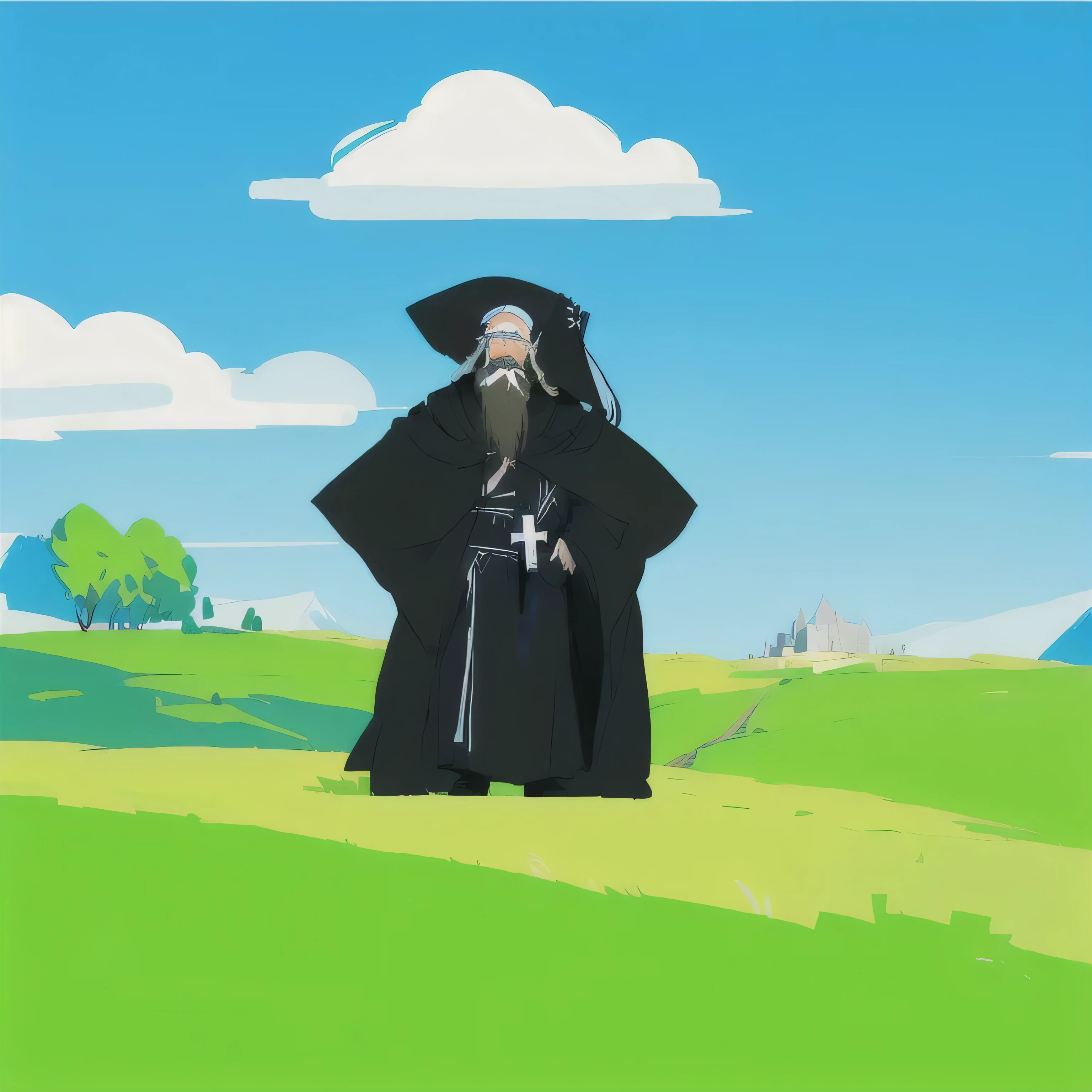 A priest with his hand on his waist and looking up, a priest with a long beard, a cross on his chest, a priest's robe, a priest in a field and mountains, drawing style, cartoon style.