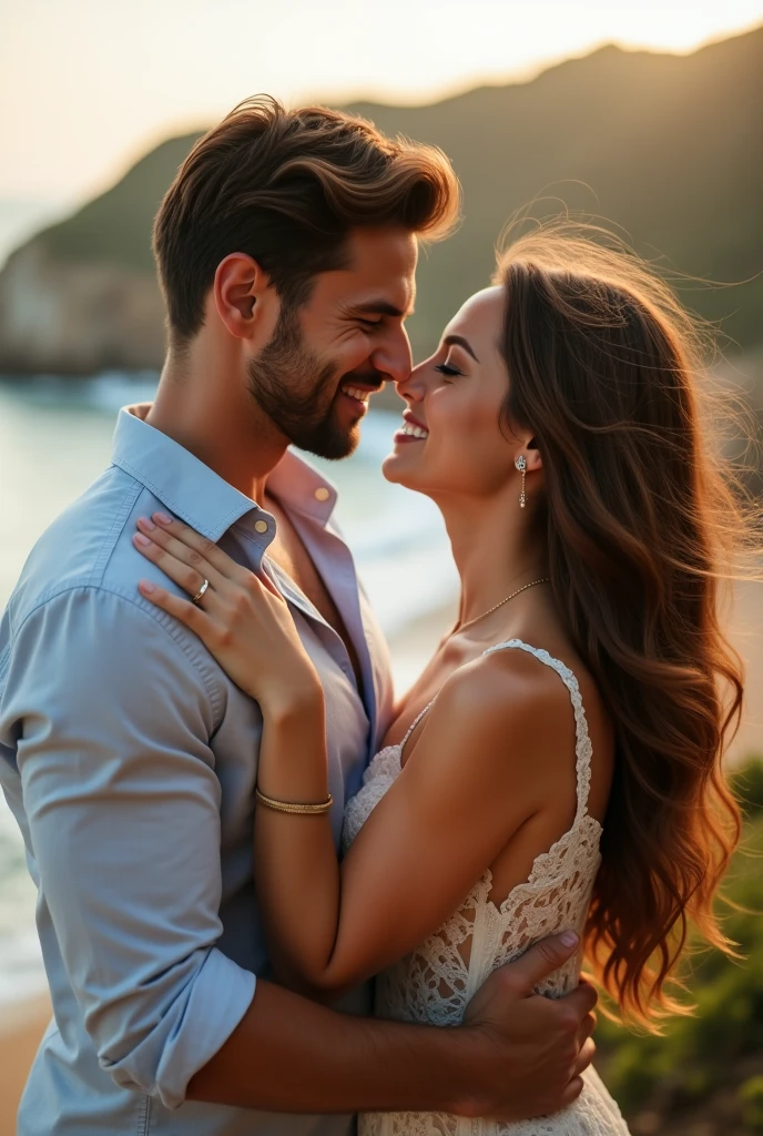 beautiful couple brown hair in love in the city of arraial do cabo Brazil 18k realistic outdoors romantic photo shoot