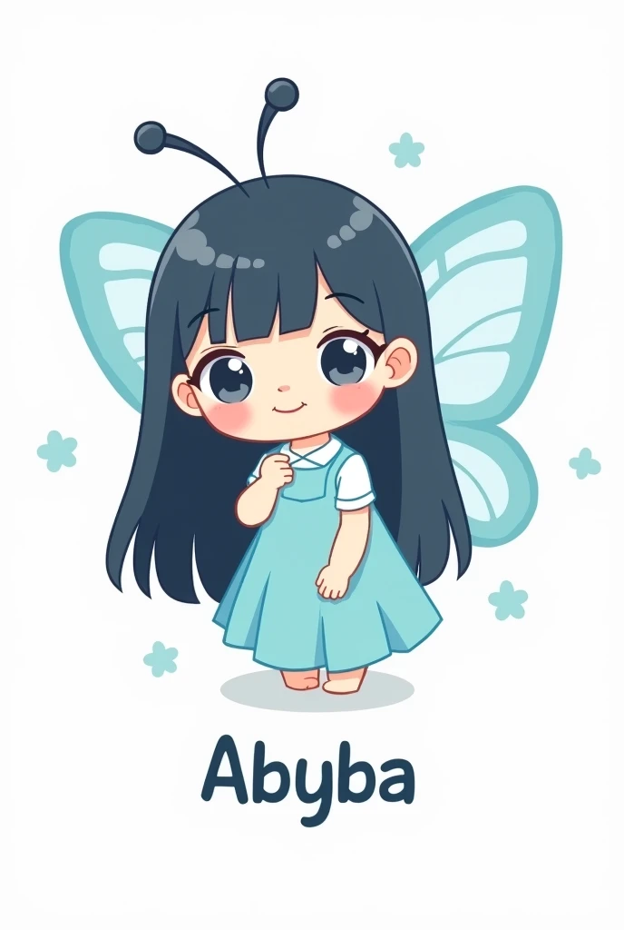 A cute little butterfly with long straight black hair with a blue outfit on a white background in the shape of a cartoon for a brand logo and that she is a little less white and that she is looking at the screen that she is small and cute like a cartoon a little chubby and brown long hair and remember that she is a little butterfly just make her a little less light make her in the shape of a logo and she says Abyba leave this same image in pastel blue tones and with the fringe on the side without bangs like the previous image