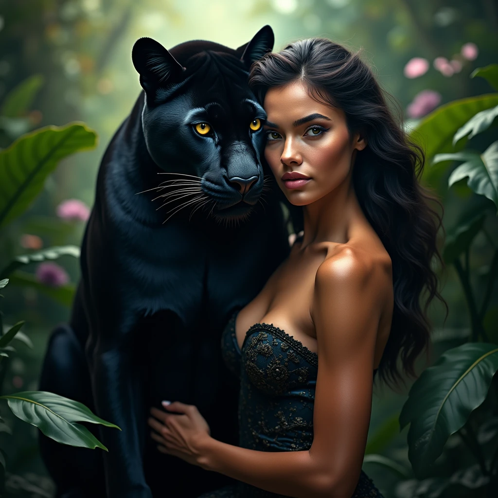 a black panther is posing with a dark-haired amazon woman in the jungle, hyper realistic, 4k, 8k, detailed eyes, detailed lips, extremely detailed face and eyes, long eyelashes, beautiful detailed portrait, cinematic lighting, vibrant colors, dramatic shadows, lush tropical environment, dense foliage, exotic plants, detailed textures, photorealistic, highly detailed, masterpiece, award winning art