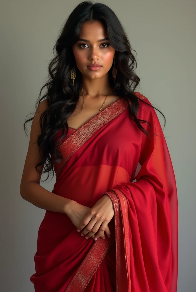 (photorealism:1.2), very beautiful Indian girl , age 18 years , thick body , wearing red saree, front look