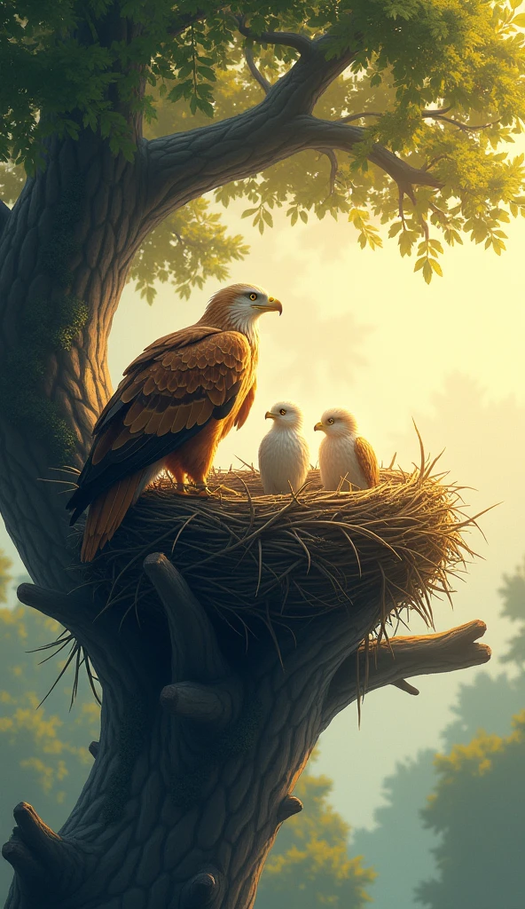 Eagle in its nest high up in a giant tree, at dawn, golden light illuminating her feathers as she cares for her young, scene of serenity and protection, Digital art with soft color palette and natural lighting, --ar 16:9 --niji






