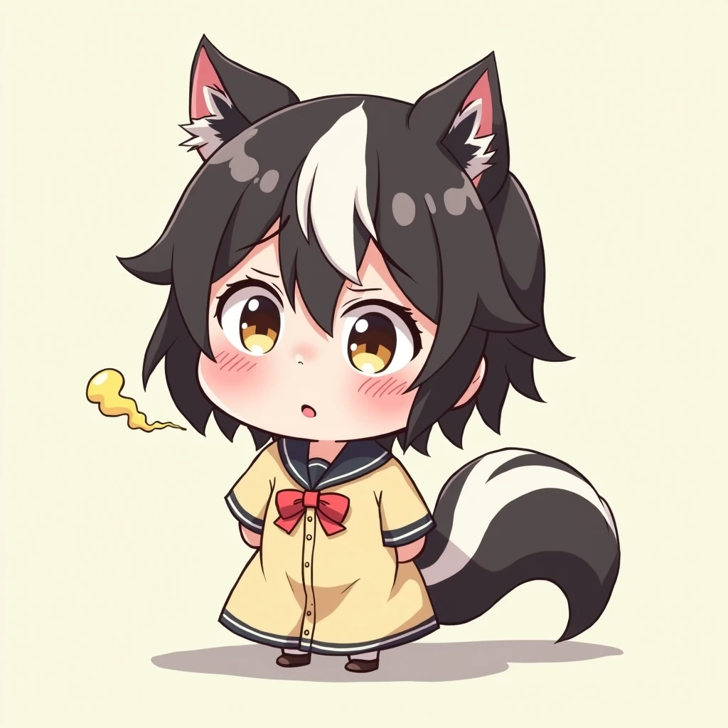 One of the humans、Girlish、pants、Primary school students、anime、animeチック、Skunk ears and tail、child、Fart、solo、Yellow smoke from the buttocks、Embarrassing