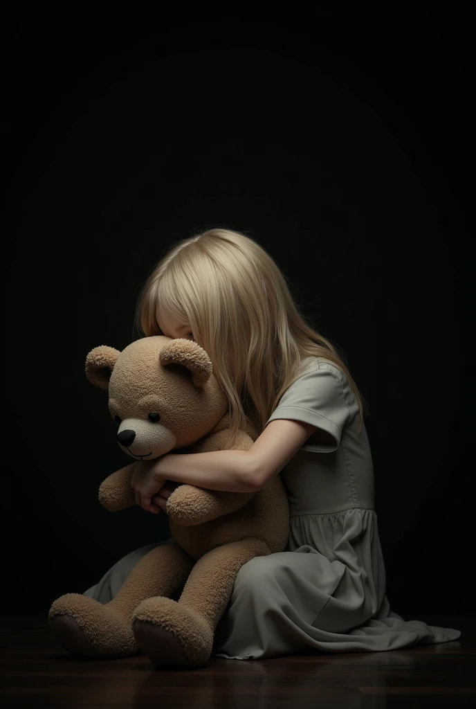 Hello, I need to generate an image with a black background, of a sad girl with blonde hair covering her face, hugging a teddy bear.