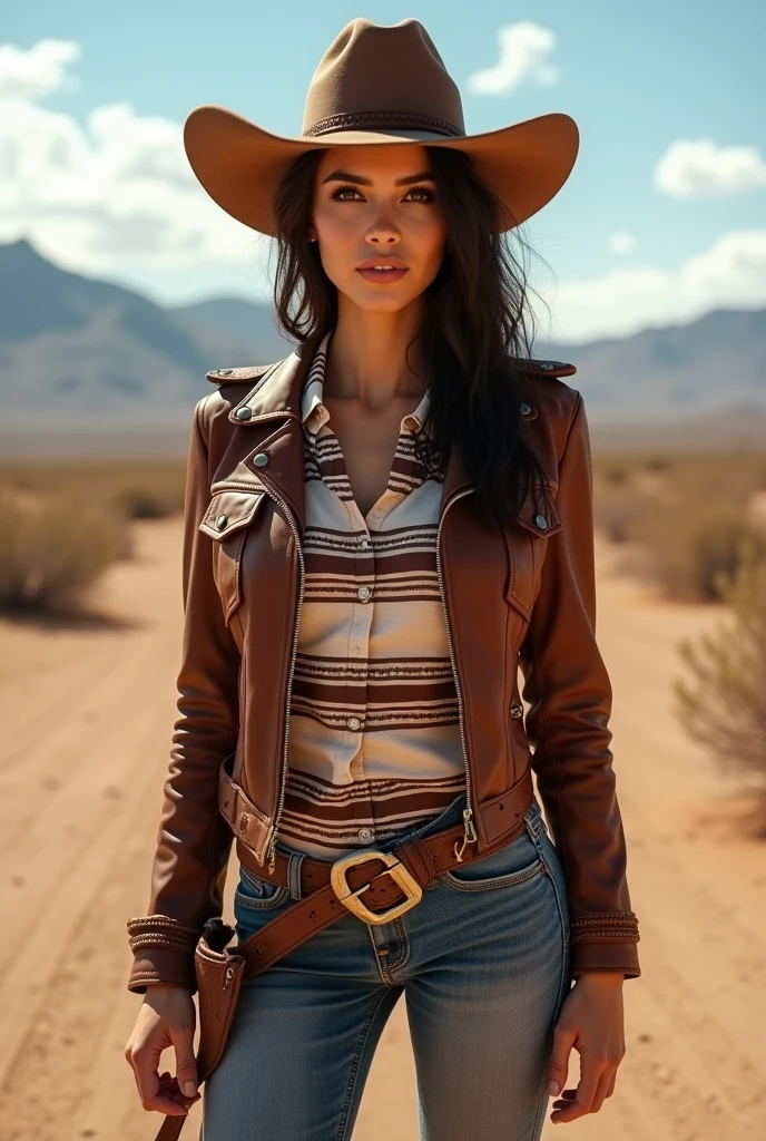 Beautiful, Mexican, young woman, wearing long sleeved stripe shirt, wearing brown leather half jacket, wearing tight blue jeans, wearing brown leather cowboy boots, wearing brown leather cowboy hat, standing in the Texas desert