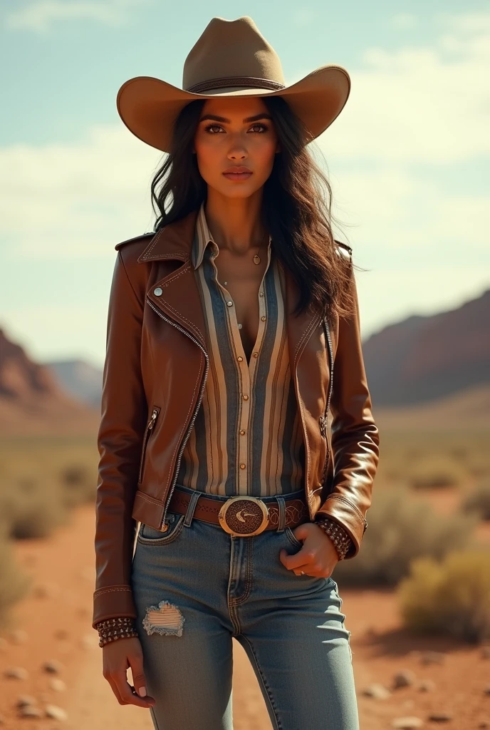 Beautiful, Mexican, young woman, wearing long sleeved stripe shirt, wearing brown leather half jacket, wearing tight blue jeans, wearing brown leather cowboy boots, wearing brown leather cowboy hat, standing in the Texas desert