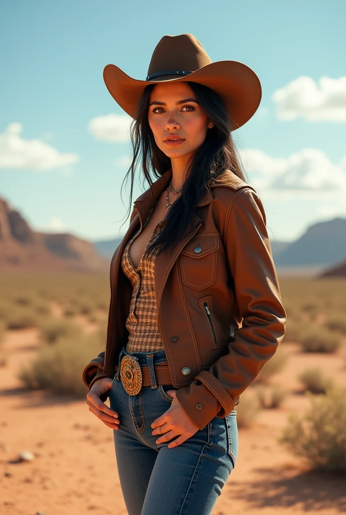 Beautiful, Mexican, young woman, wearing long sleeved stripe shirt, wearing brown leather half jacket, wearing tight blue jeans, wearing brown leather cowboy boots, wearing brown leather cowboy hat, standing in the Texas desert