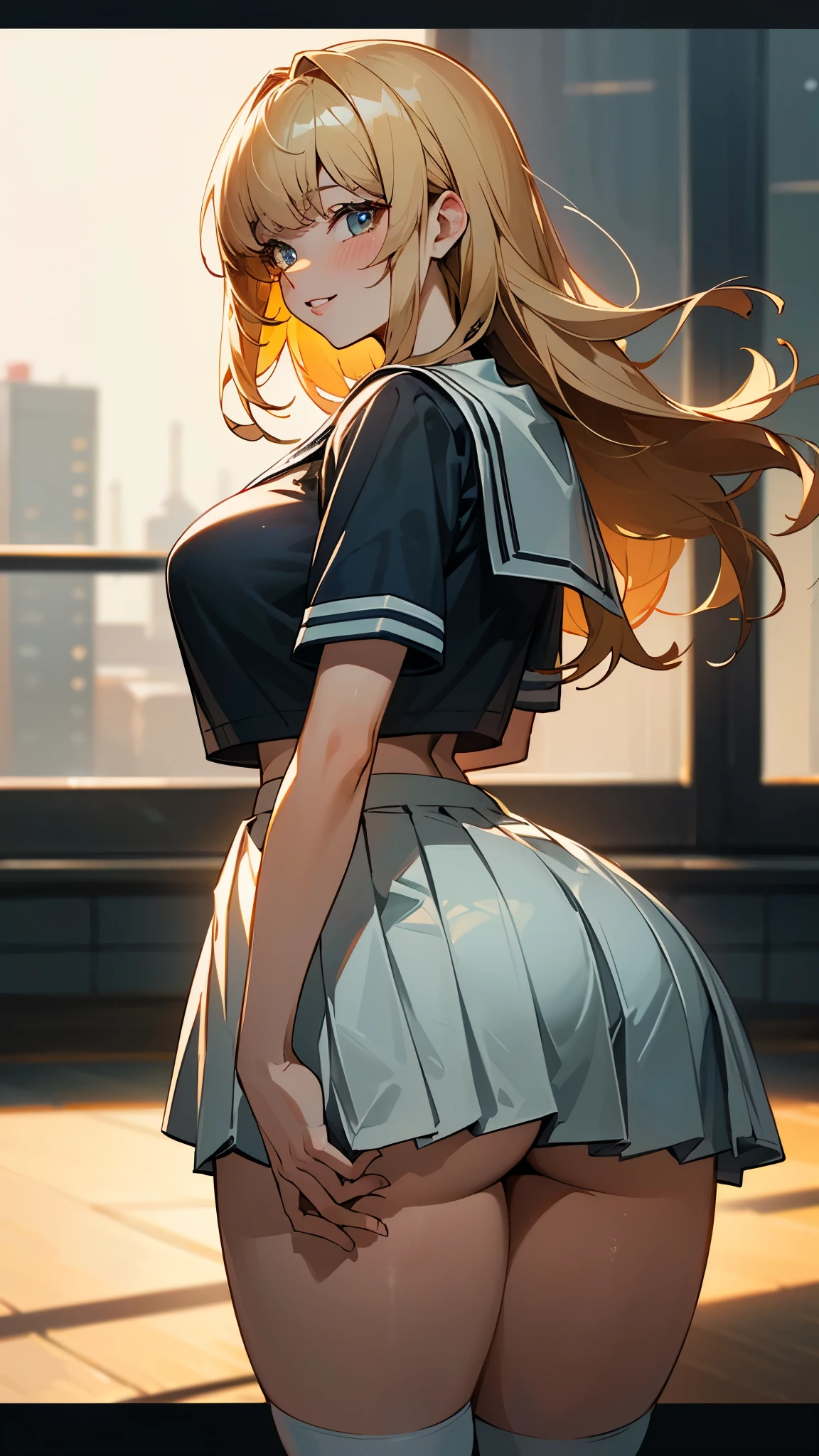 (UHD, retina, masterpiece, accurate, anatomically_correct, textured_skin, super_detail, high_details, high_quality, best_quality, high_res, 1080P, HD, 4K, 8k, 16k), (beautiful_detailed_eyes, beautiful_detailed_lips, extremely_detailed_eyes_and_face), soft_lighting, physically-based_rendering, vivid_colors, (large_breasts:1.5), (shiny_hair, shiny_skin, tanned_skin, blush), (bangs:1.5), eye_reflection, (bokeh), smile_and_laugh, From Behind, facing_away, (cropped_seifuku_shirt:1.5), (very_short_skirt:1.5, pleated_skirt), blonde_hair, white_knee_socks, wide_hips, thick_thighs, huge_butt, butt_focus