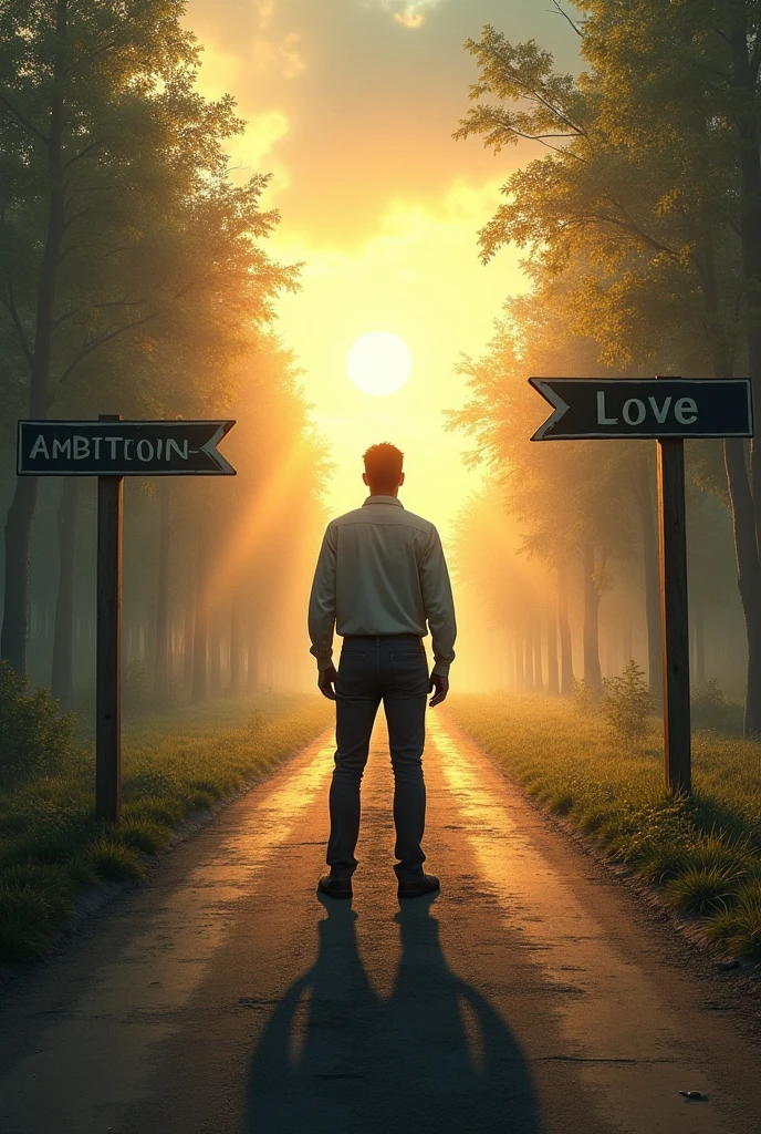 A man standing at a crossroad and looking at a road marked "Ambitions" with a bright, sunlit sky, while the other path, labeled as "Love" is shadowed and overgrown, suggesting a challenging diversion and man looking at ambition side while rejecting love.