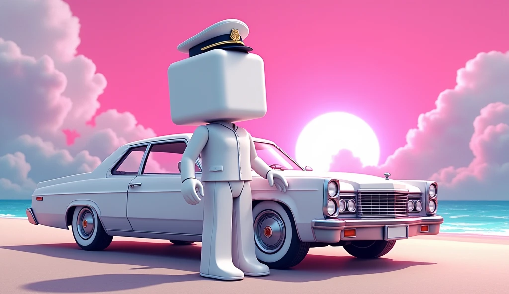 tall square roblox doll with white hair white blouse white jeans white shoes and no face, white police hat leaning on a classic car, cartoon, Vice City GTA, pink sky beach background