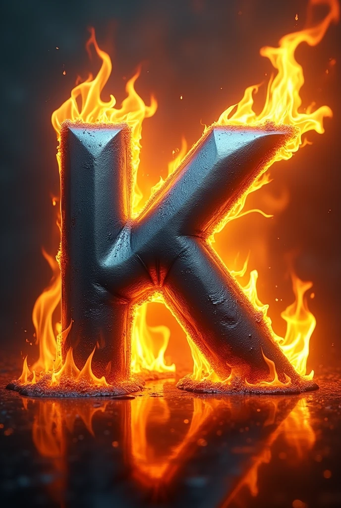 The letters K metallic tone with fire around 