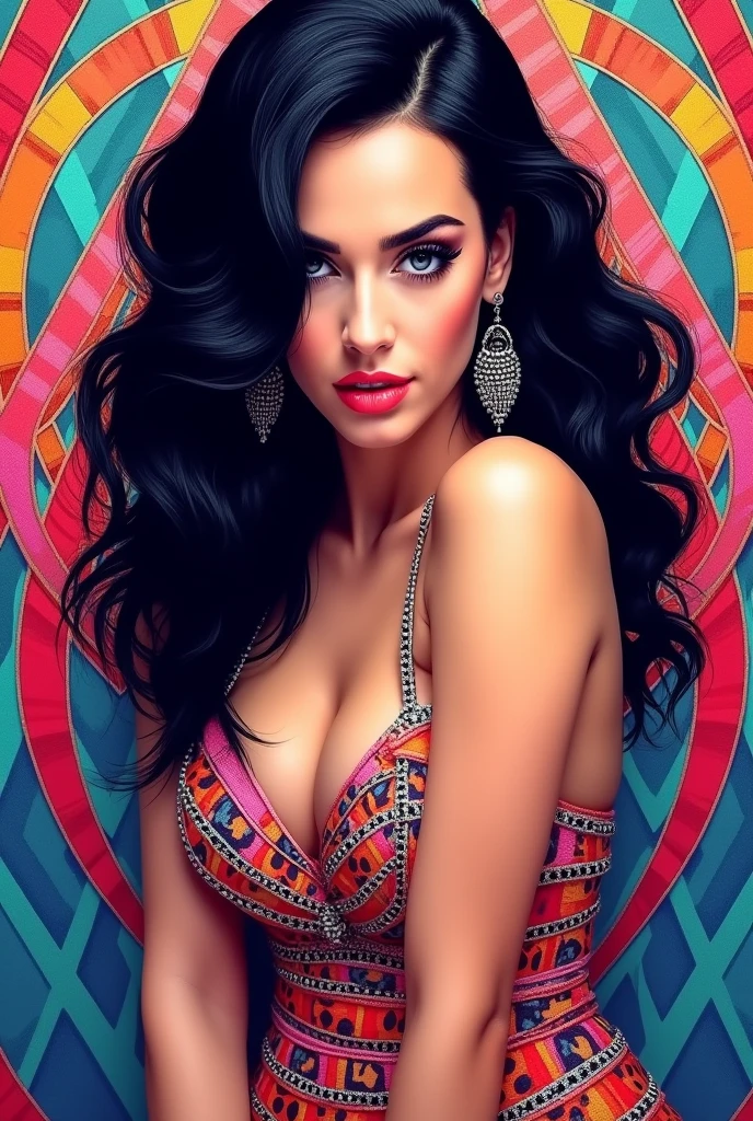 Beautiful brunette with slightly dark skin and black hair with pearls for advertising stylish glasses with light blue frames, swirly vibrant colors, hyper realistic art in 4k, hyper realistic hair