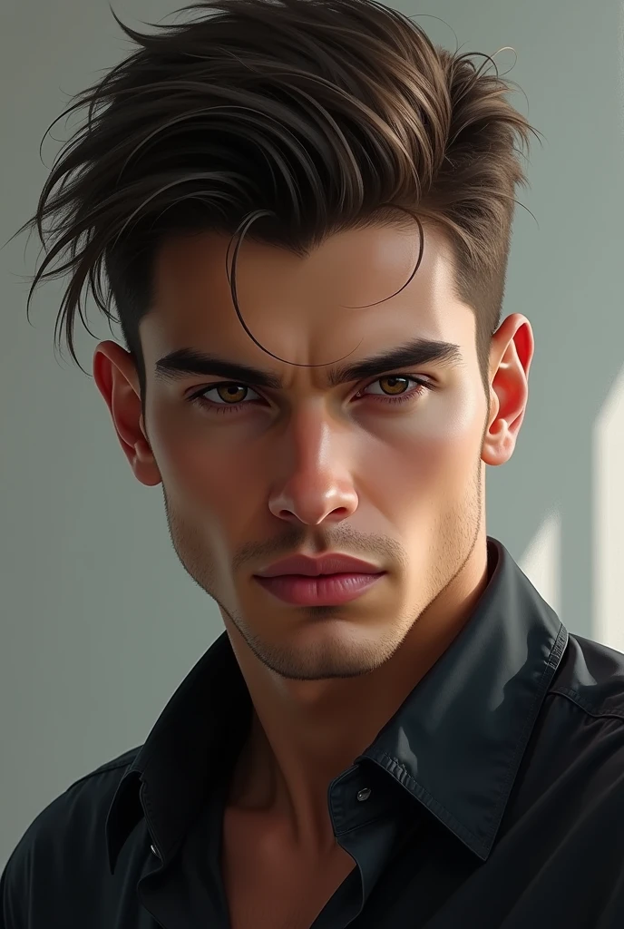 A portrait of a handsome young man. Whose gaze is intimidating and looks powerful.