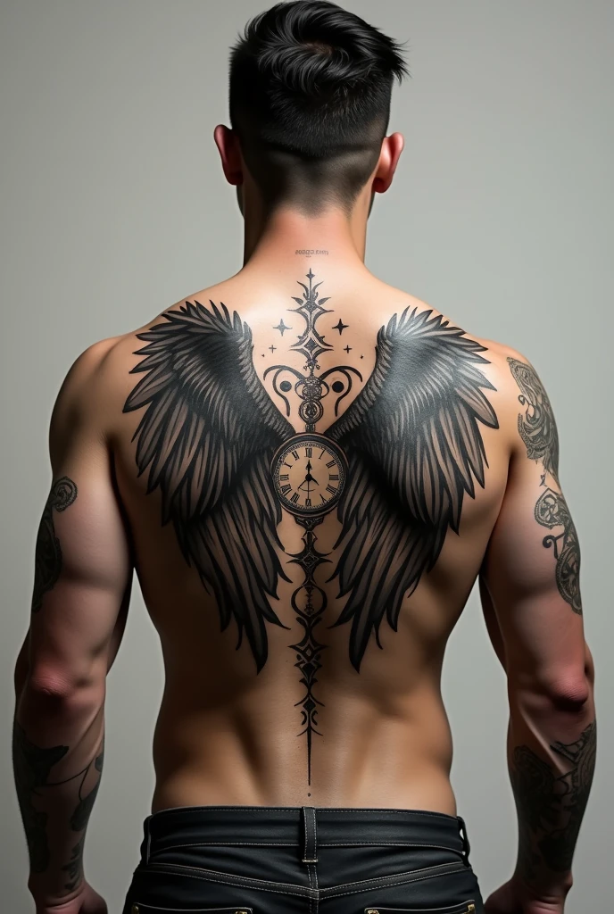 Wings tatoo with clock and rune words for man back