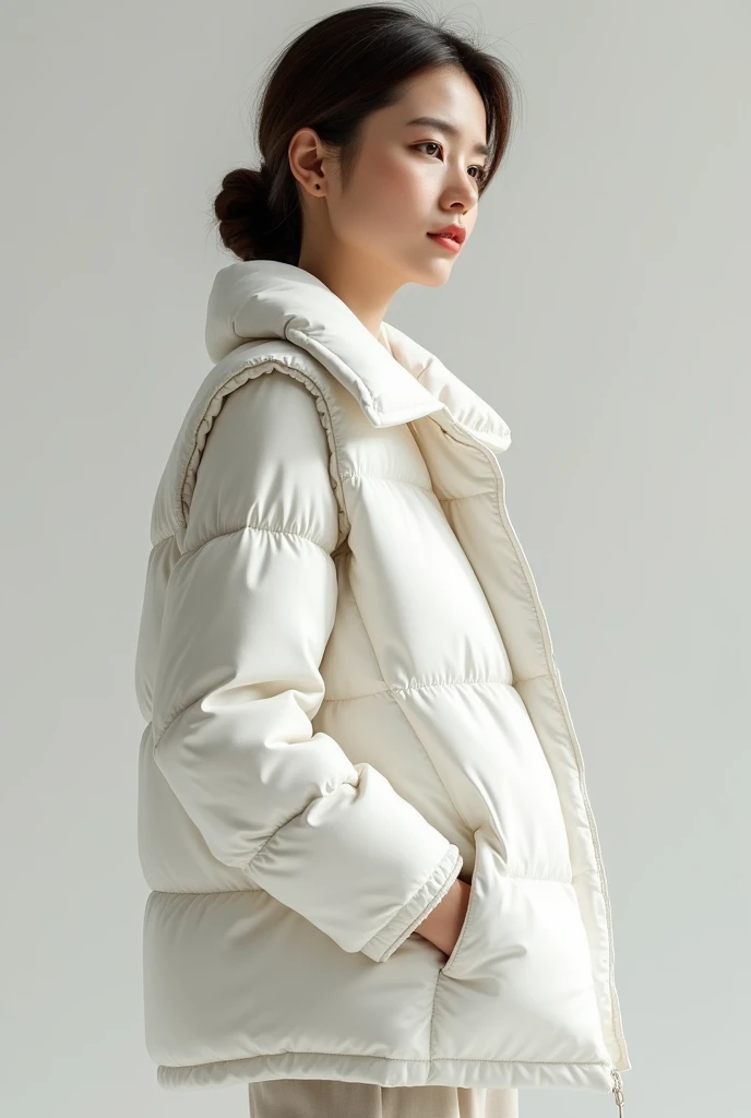 high-quality mockup woman weriaring Down vest white with front, half side view