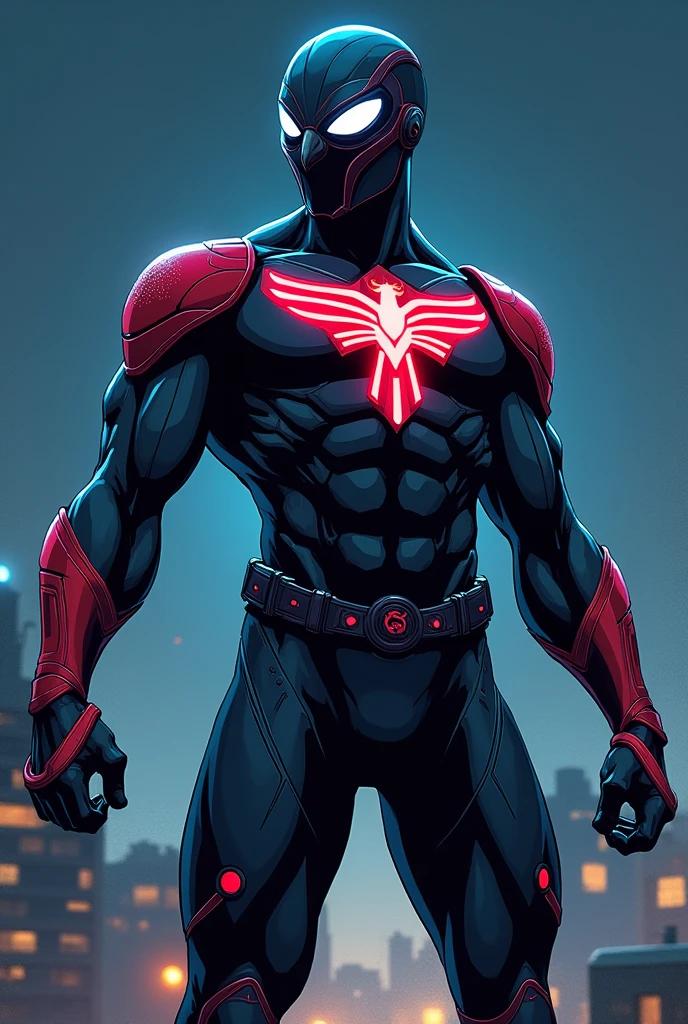 In comic book style, Nightwatcher to nastoletni superbohater o niezwykle intrygującym wyglądzie. His costume is made of flexible spandex and nanomaterials., which gives it both flexibility, as well as protection. The dominant colors in the outfit are dark gray., czerwony i granatowy, which create a strong contrast and give it a menacing look, but dynamic character.
Nosi zaawansowany technologicznie hełm o aerodynamicznym kształcie. Its surface has integrated white bionic sharp owl-style eyes.
There is a unique emblem on the chest, which is inspired by four animals: węgorzem, a spider, snow leopard and owl. His hands, łokcie, the shoulders and waist are decorated with round emblems. The whole costume has an eel-style pattern, snow leopard and spider. He stands in a dynamic pose on the roof of a building at night..
