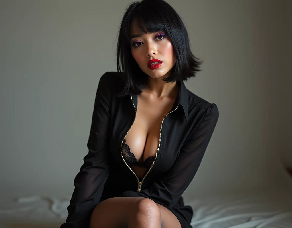 A hot Arabic mommy, (glossy red lipstick, light purple eyeliner), sensual eyes and long eyelashes (glossy dark black hair bob haircut) , unzipped tight blouse, lace bra, mini skirt, stockings, photo