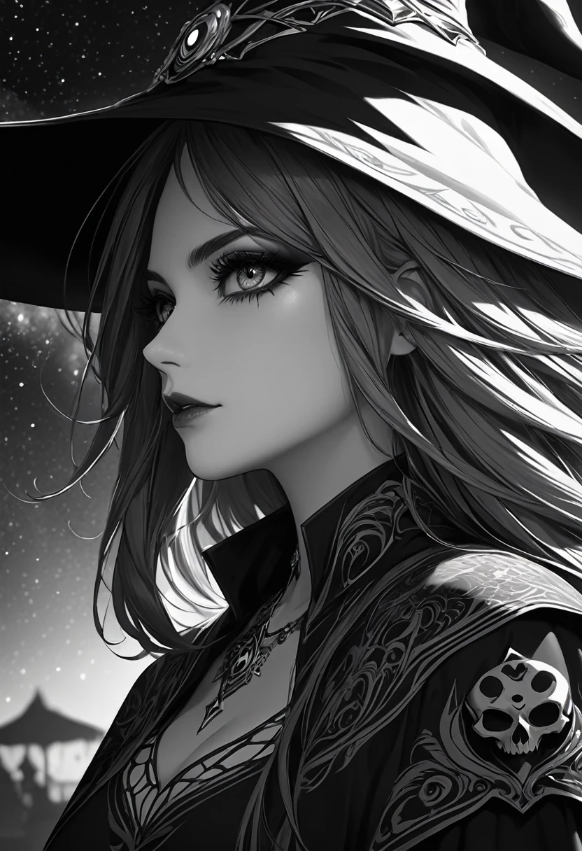 Black and white, monochrome,Side shot,(very detailed CG Unity 8k wallpaper), (masterpiece), (highest quality), (very detailed), (best illustration), (best shadow), (sharp eyeliner, eyeshadow, detailed eyes: 1.1), (skullmake, night sky, :1.1), break,(Wizard of Darkness:1.1)