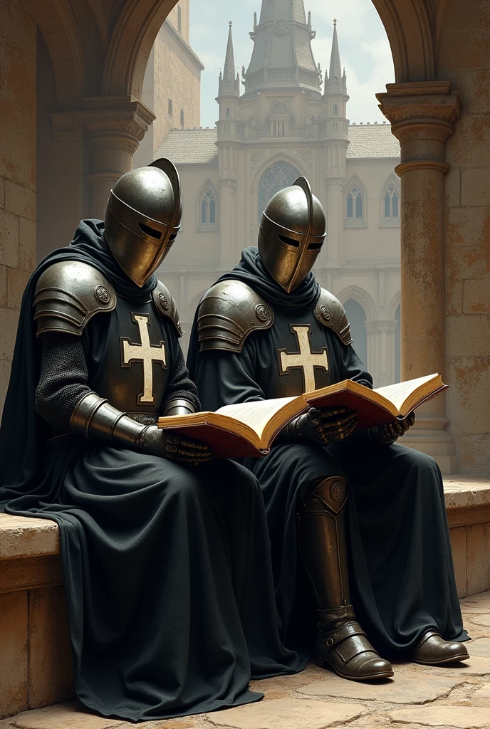 ultra realistic picture of two templar knights in full armor, black robes with white cross, closed templar great helmets (bucket helm flat on top) adorned with a cross on the face, reading a holy script while sitting on a stone bench, monastery in the background