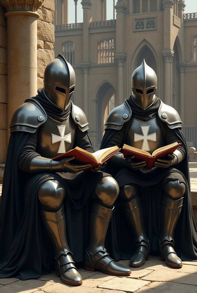 ultra realistic picture of two templar knights in full armor, black robes with white cross, closed templar great helmets (bucket helm flat on top) adorned with a cross on the face, reading a holy script while sitting on a stone bench, monastery in the background