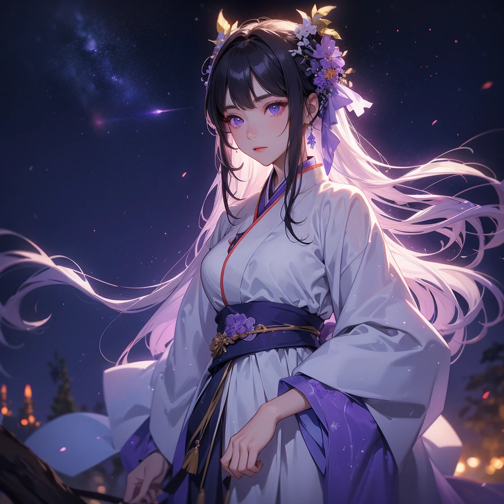A beautiful female in white hanfu dress , Standing in the middle of Background is a dark moonless night, with dry trees in the background, and purple glowing light , close up.