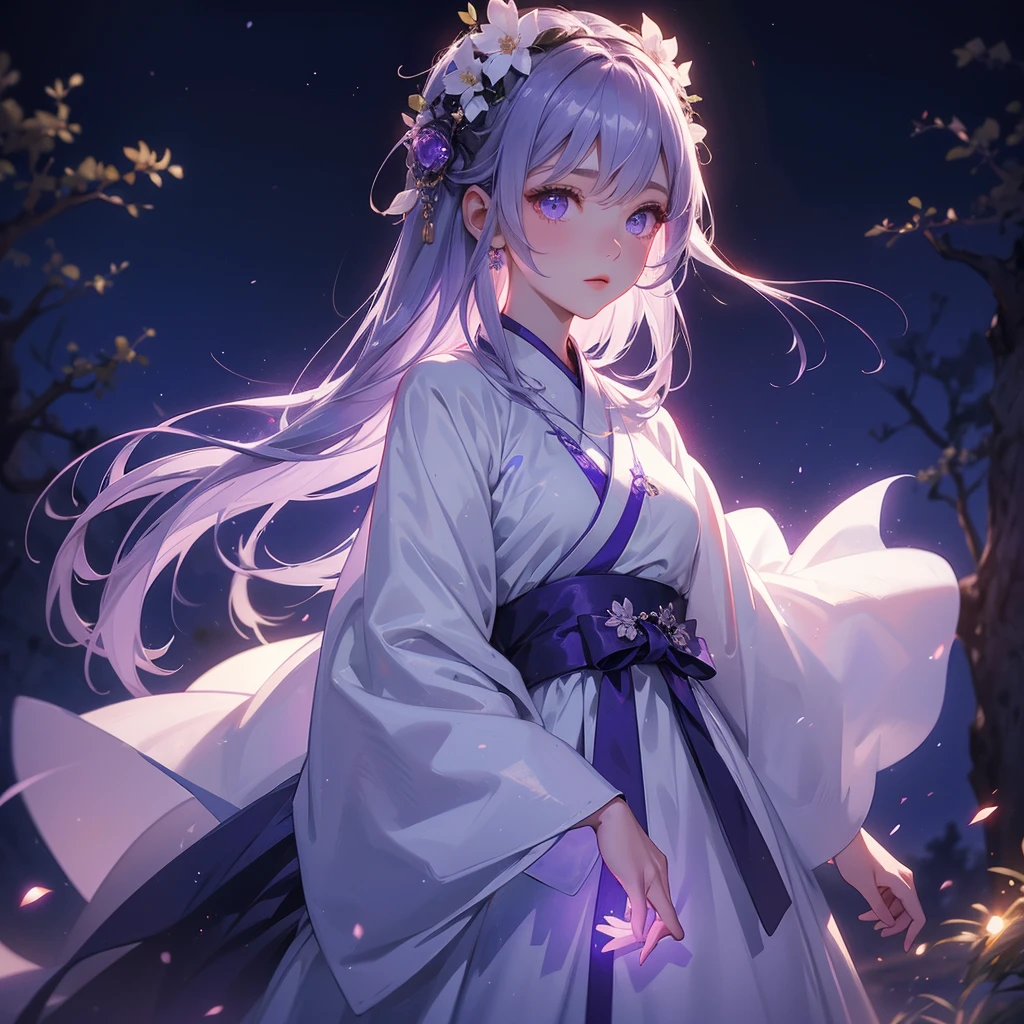 A beautiful female in white hanfu dress , Standing in the middle of Background is a dark moonless night, with dry trees in the background, and purple glowing light , close up.