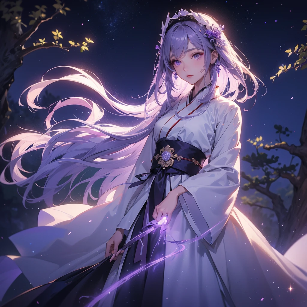 A beautiful female in white hanfu dress , Standing in the middle of Background is a dark moonless night, with dry trees in the background, and purple glowing light , close up.