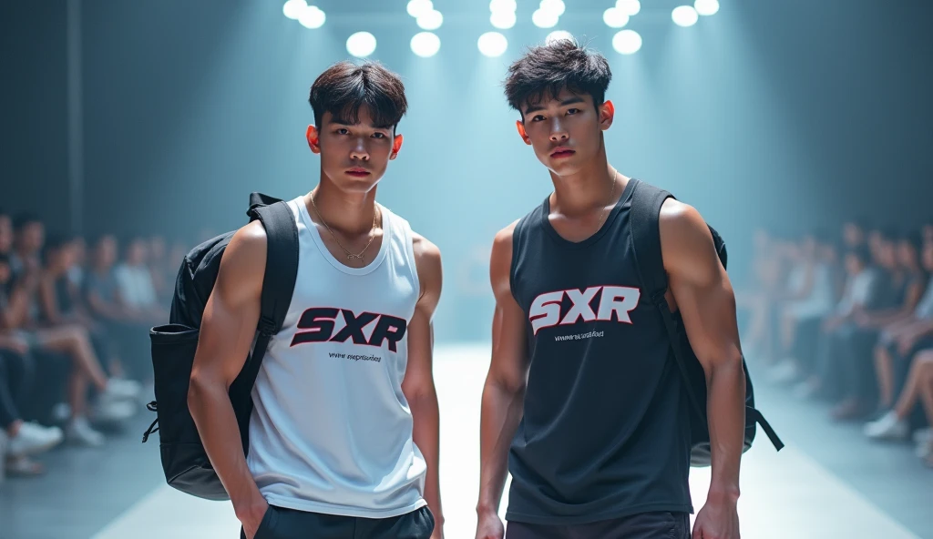 (photorealism:1.2), Two sportwear fashion handsome 18 yrs. old, k pop Asian male model, runway show full body holding sports bag pack, tank top casual wear style, SXR logo design, ultra-detailed, film photography, light leaks, trending on sportwear, sharp focus, studio photo, futuristic details, highly detailed