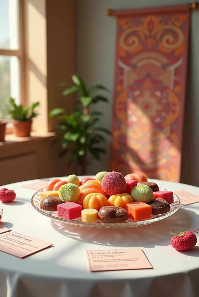 The image shows an elegant table, covered with a white cloth and adorned with a variety of colorful and sophisticated sweets. At the center, there is a glass tray full of candies and sweets of different shapes and colors, representing a range of international flavors. Around the tray, There are small information plaques highlighting the origin of each sweet and a brief description of its flavor..
Ao fundo, a subtle decoration celebrates cultural diversity, with elements inspired by different cultures, like African patterns, Asians and Europeans. In a corner of the table, an elegant banner features the slogan: "Bringing the most authentic and diverse flavors in the world to Brazil, offering a unique sensory experience that celebrates cultural richness through excellent sweets." The environment is softly lit, highlighting the texture and vibrant color of the sweets and creating an inviting and sophisticated atmosphere.