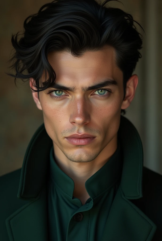 (photorealism:1.2), a 2striking young man with sharp, angular features and a commanding presence. His raven hair is neatly styled hair , and his piercing  emerald are both captivating and intense. He dresses in finely tailored clothes that reflect his high status and his family's influence, often opting for a classic, sophisticated look.