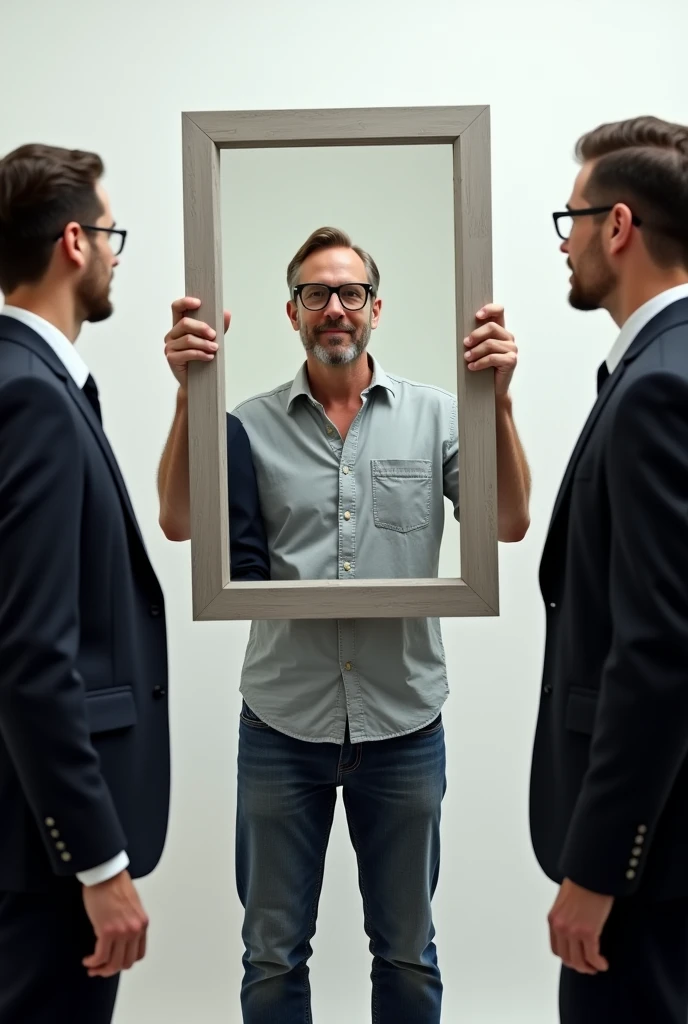 Create a man with glasses in front of men, dressed casually, holding a large hand mirror. And men dressed in suits looking at their reflections in the same mirror 