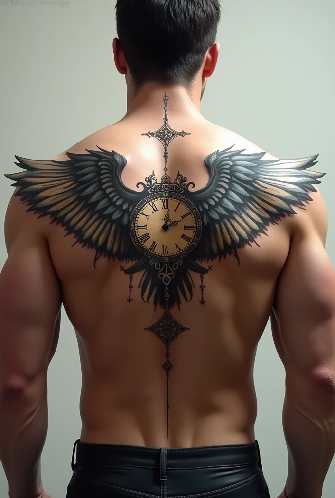 Wings tatoo with clock and rune words for man back