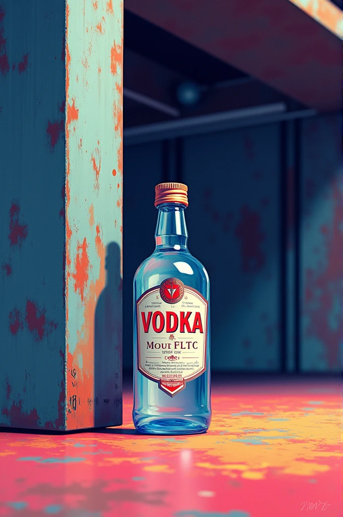 Small vodka bottle in front of a steel beam as a colorful drawing