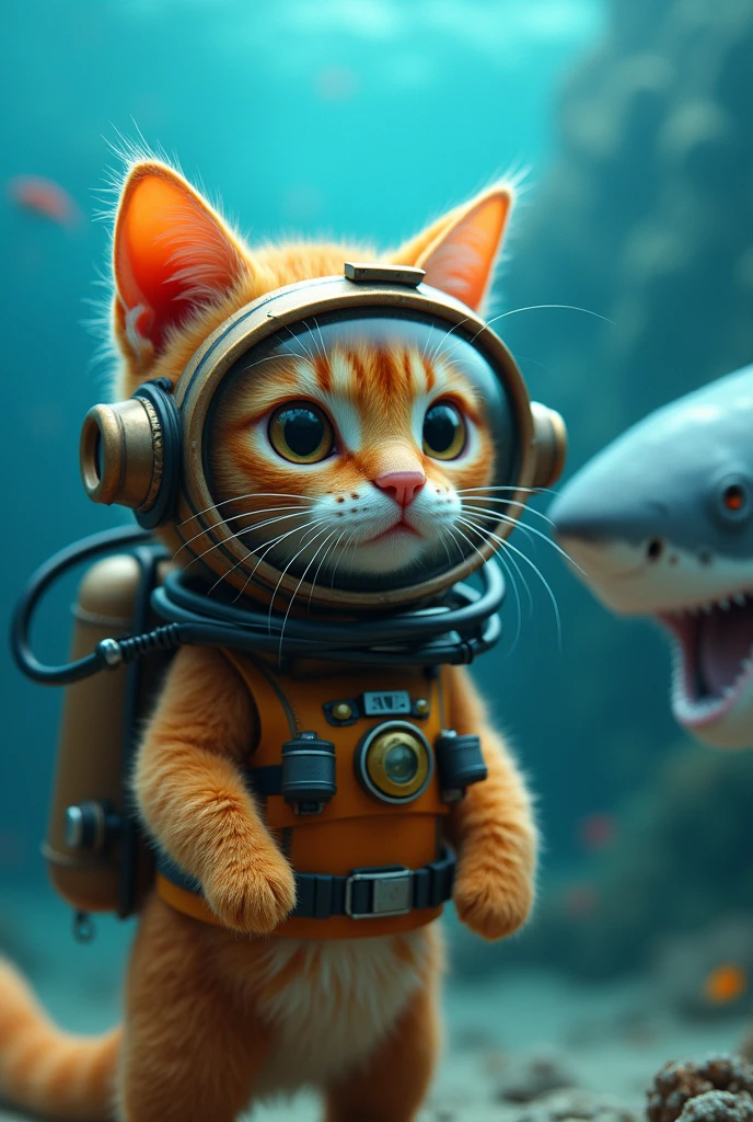 Cute close-up of a diving orange cat., in the sea, complicated details, ((Diving cat)) ,Two-legged standing,under the sea, Standing on two legs,fear,Diving suit,Cat in diving suit,shark,Blue dress,