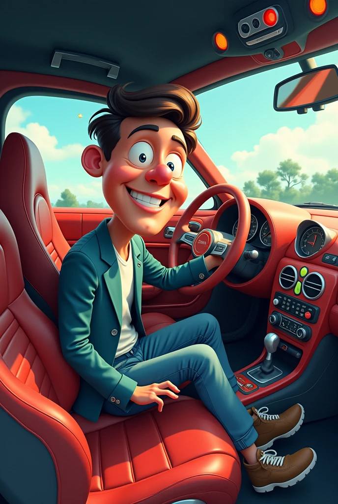 Cartoon man sitting inside scorpio car