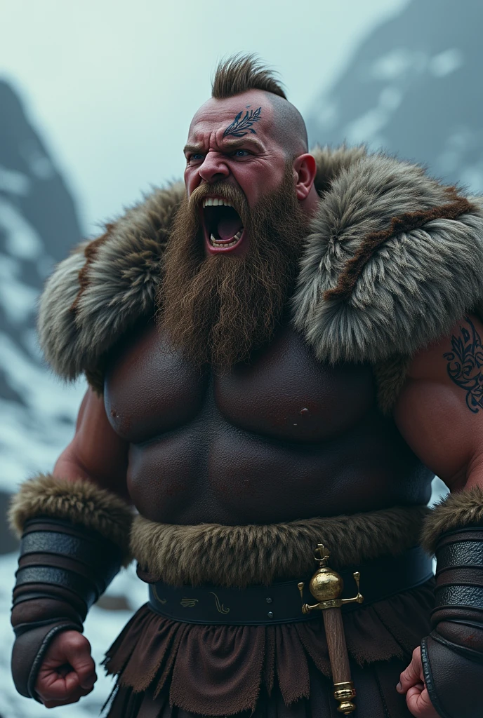 a mega realistic viking screaming with his teeth showing, with a Nordic tattoo around his eye